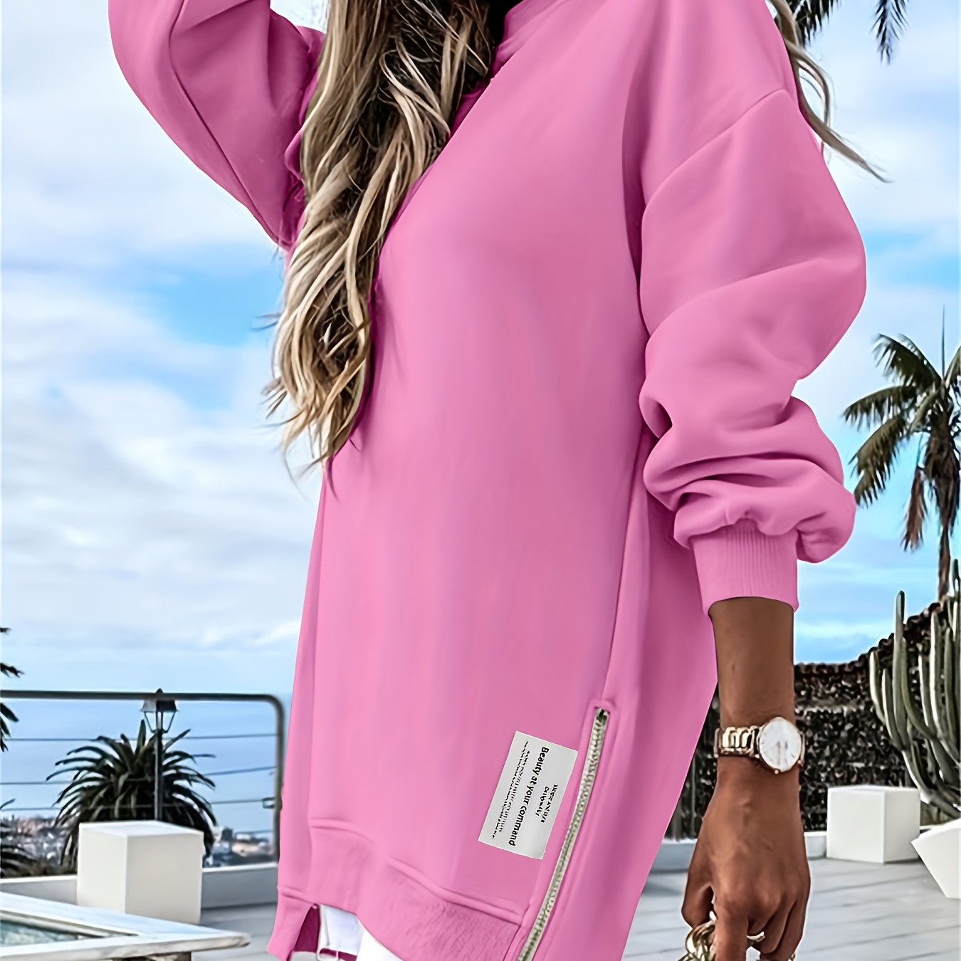 Zipper Embellished Crew Neck Sweatdress