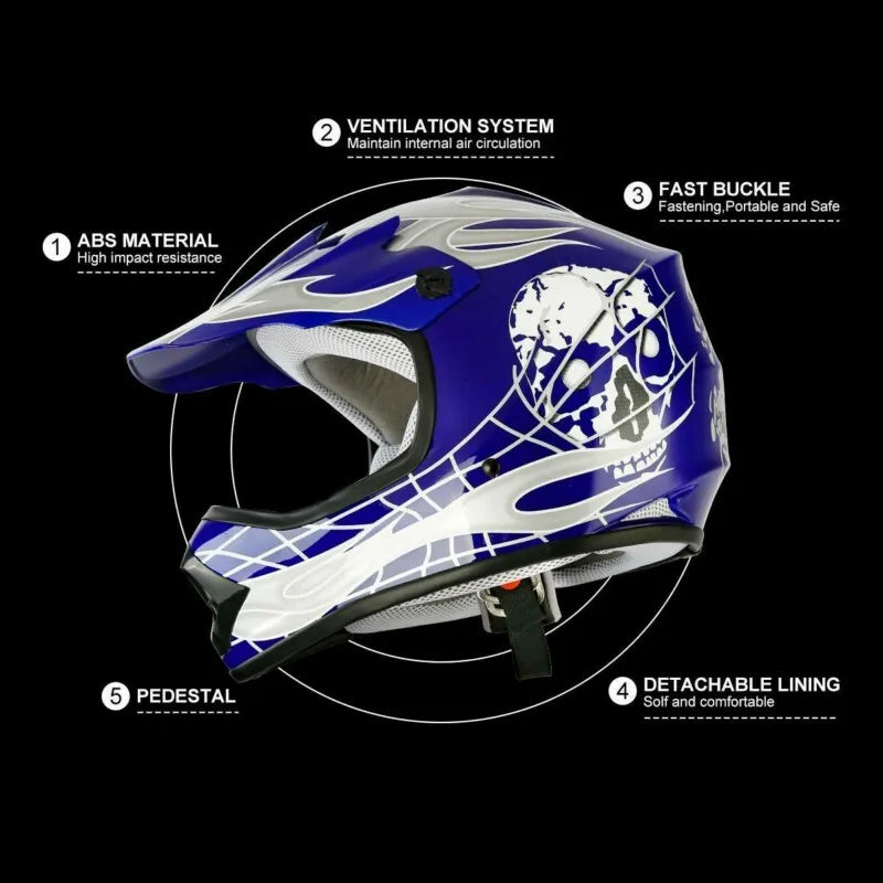 Youth Kids Blue Helmet Goggles + Gloves