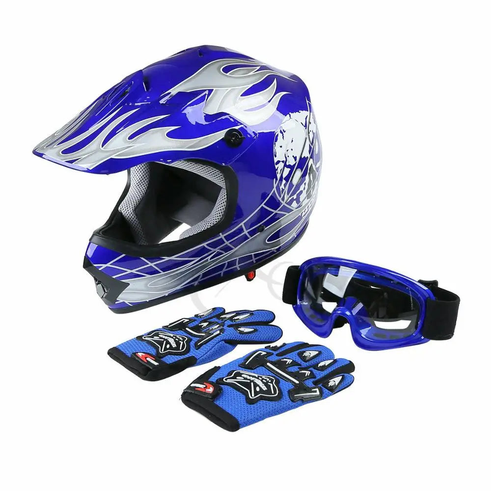 Youth Kids Blue Helmet Goggles + Gloves