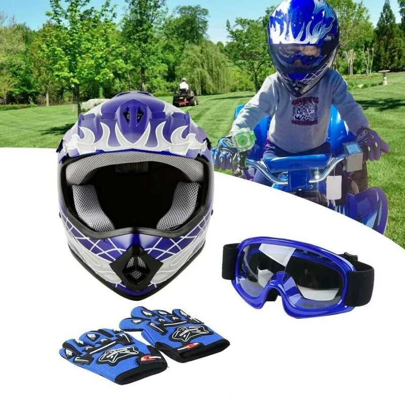 Youth Kids Blue Helmet Goggles + Gloves