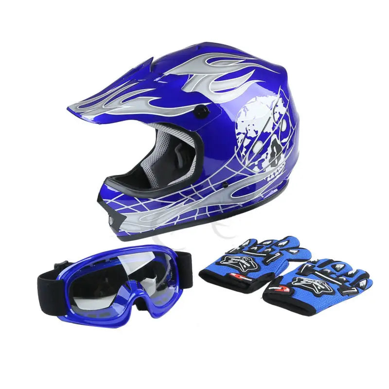 Youth Kids Blue Helmet Goggles + Gloves
