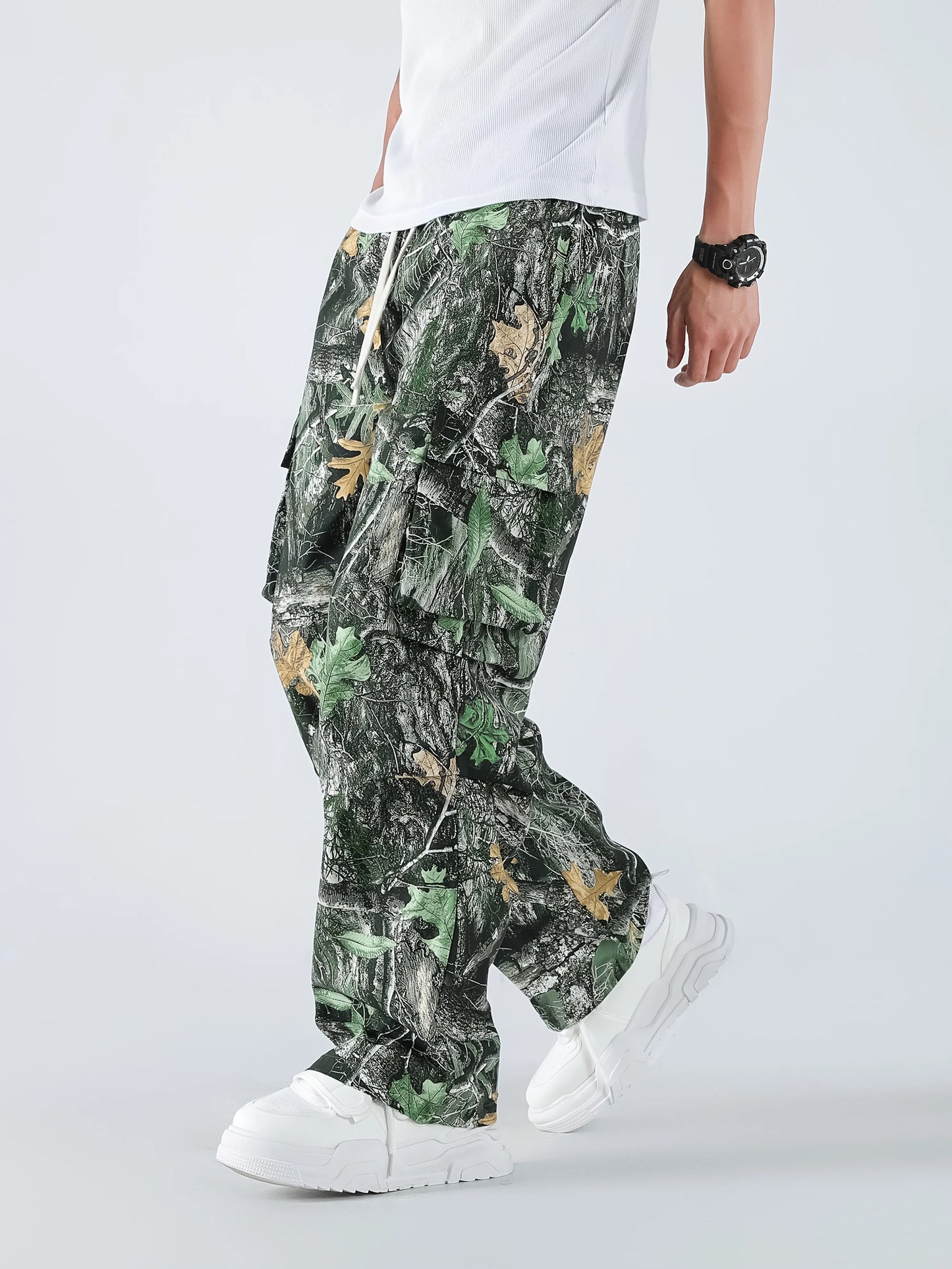 Men's Three-color Camouflage Leaf Pattern Sport Belt Side Pocket Casual Sport Pants