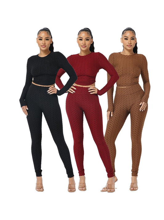 Women's 3-Pack  Open Tie Up Back Backless Jacquard Honeycomb Textured Long Sleeve Workout Set