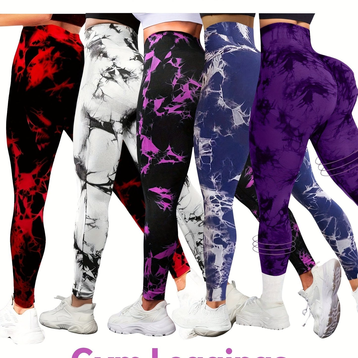 5pcs High-Waisted Tie-Dye Tummy Control, Yoga Leggings