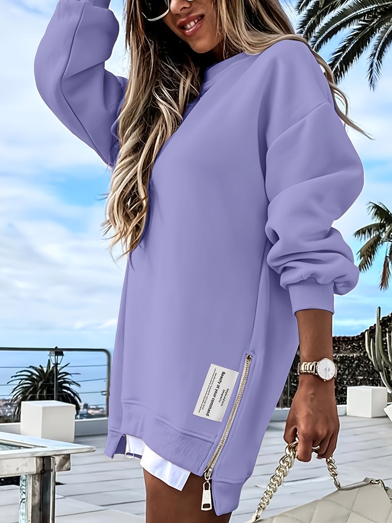 Zipper Embellished Crew Neck Sweatdress