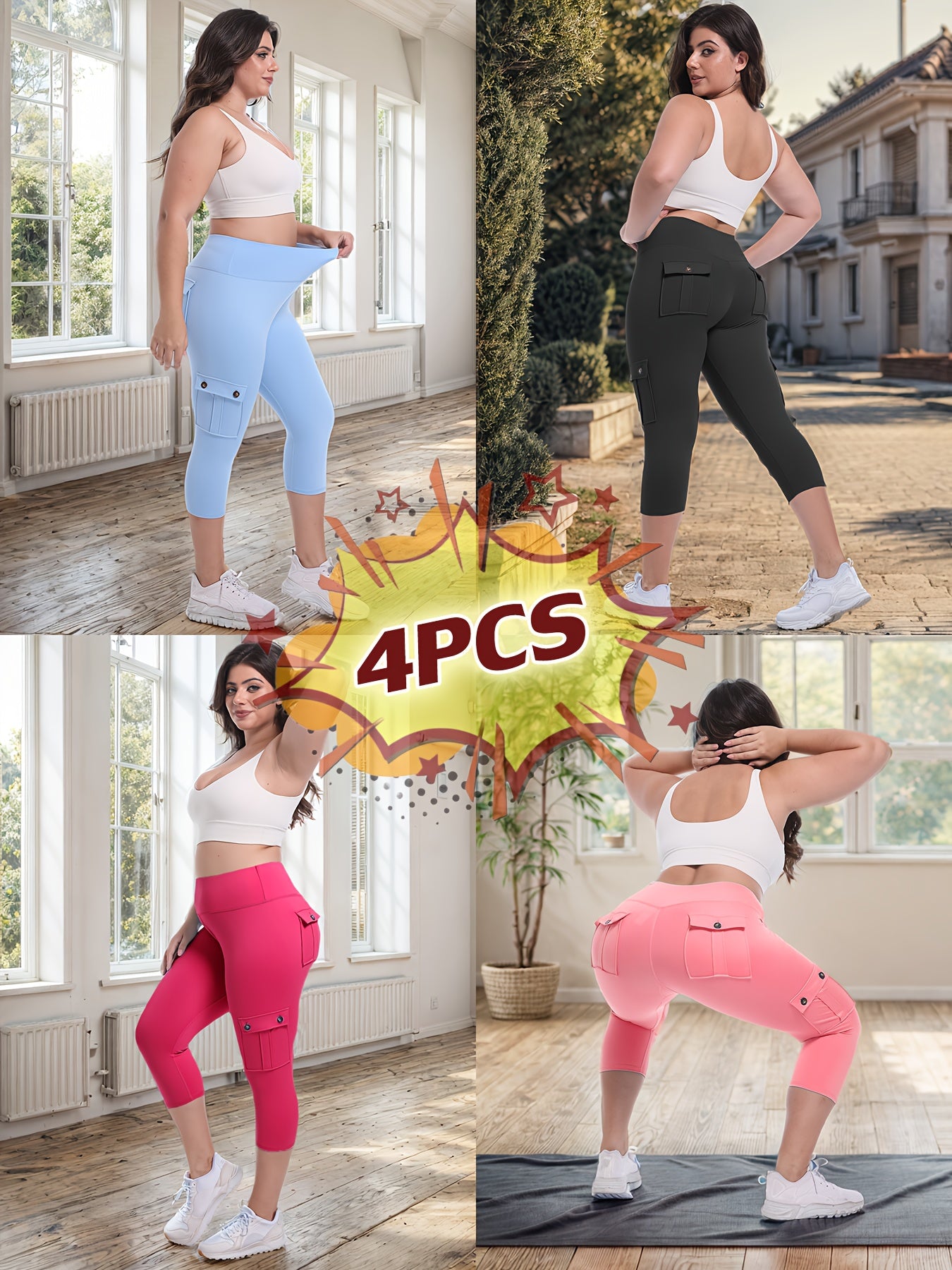 4pcs  High Waist Yoga Capri Pants