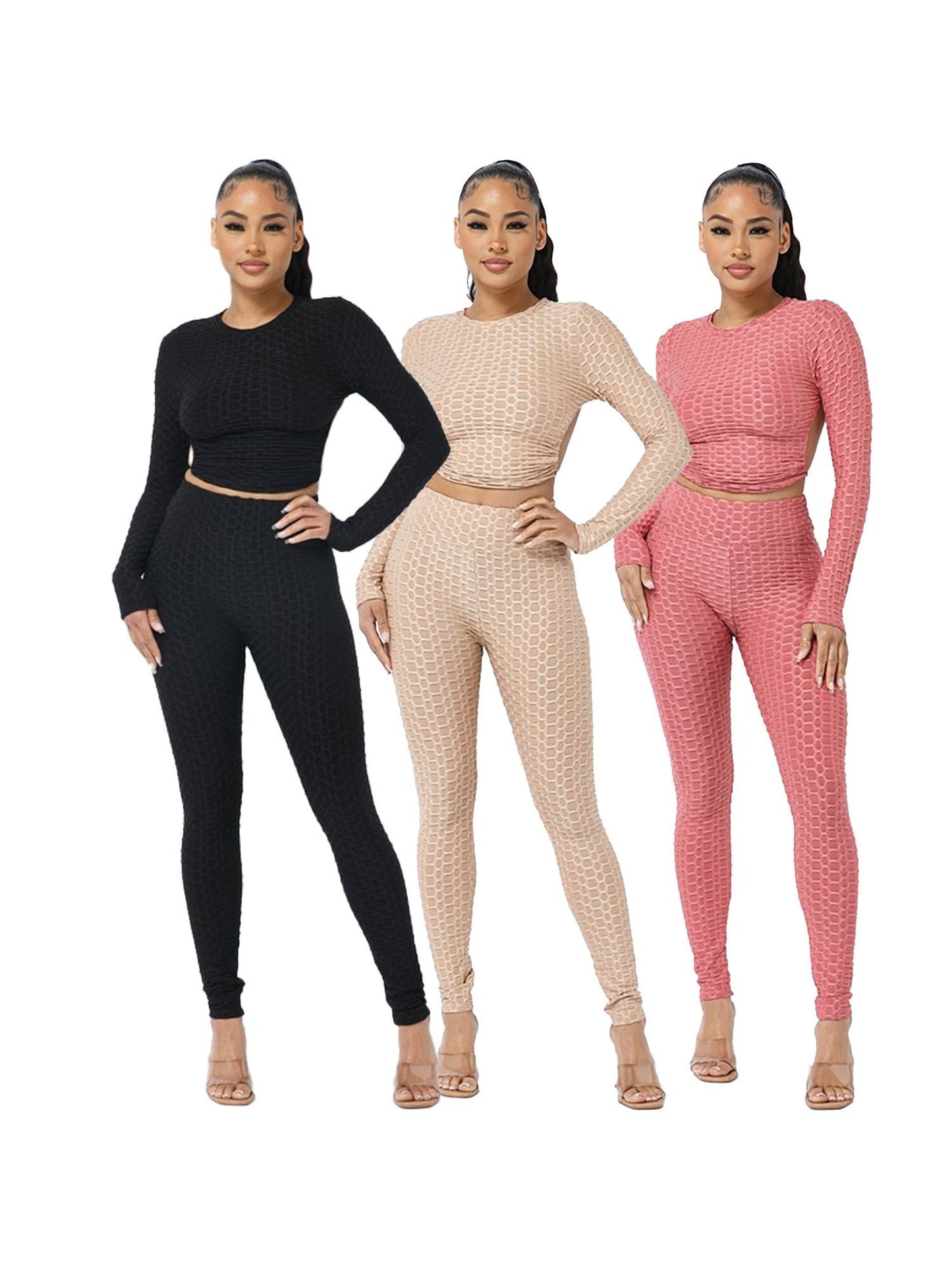 Women's 3-Pack  Open Tie Up Back Backless Jacquard Honeycomb Textured Long Sleeve Workout Set