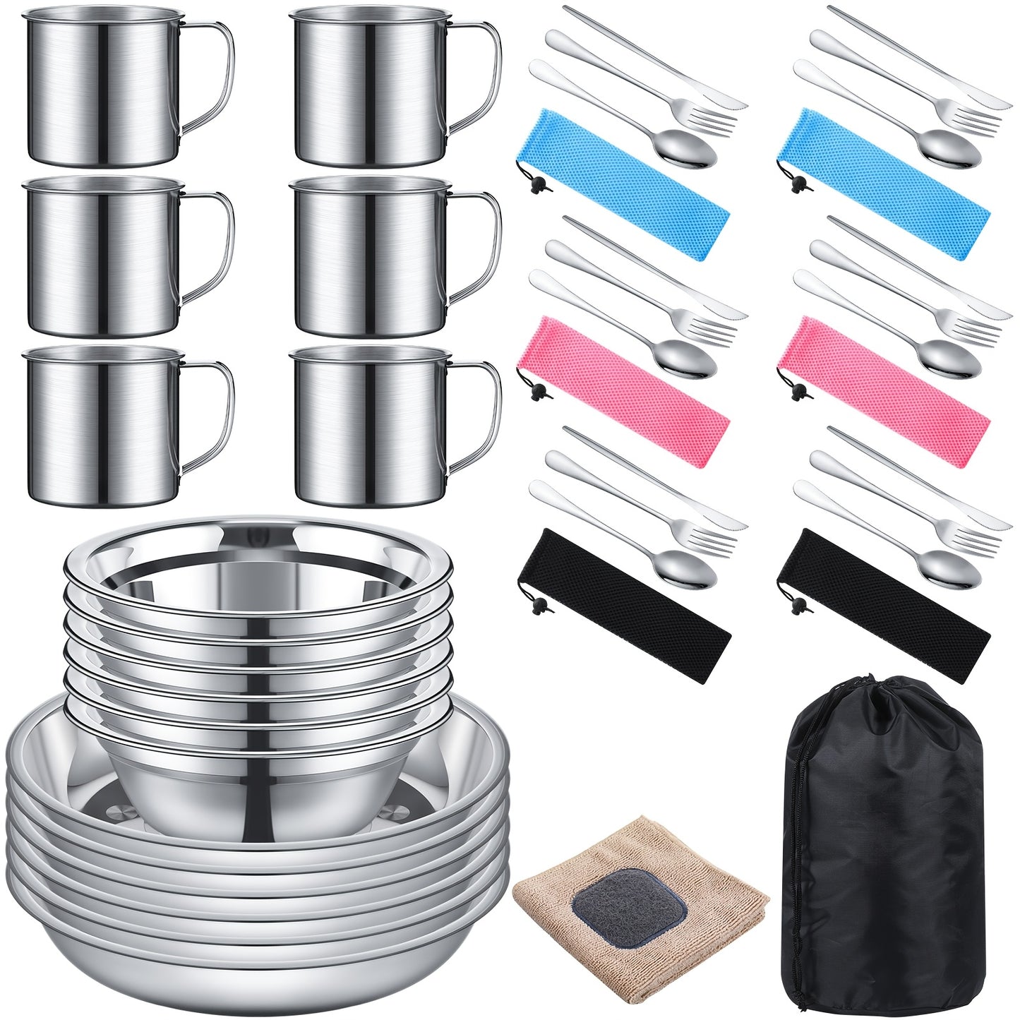 44pcs Polished Stainless Steel Outdoor Camping Cookware