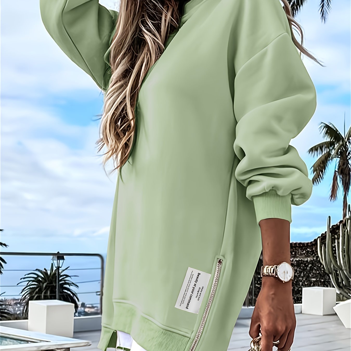 Zipper Embellished Crew Neck Sweatdress