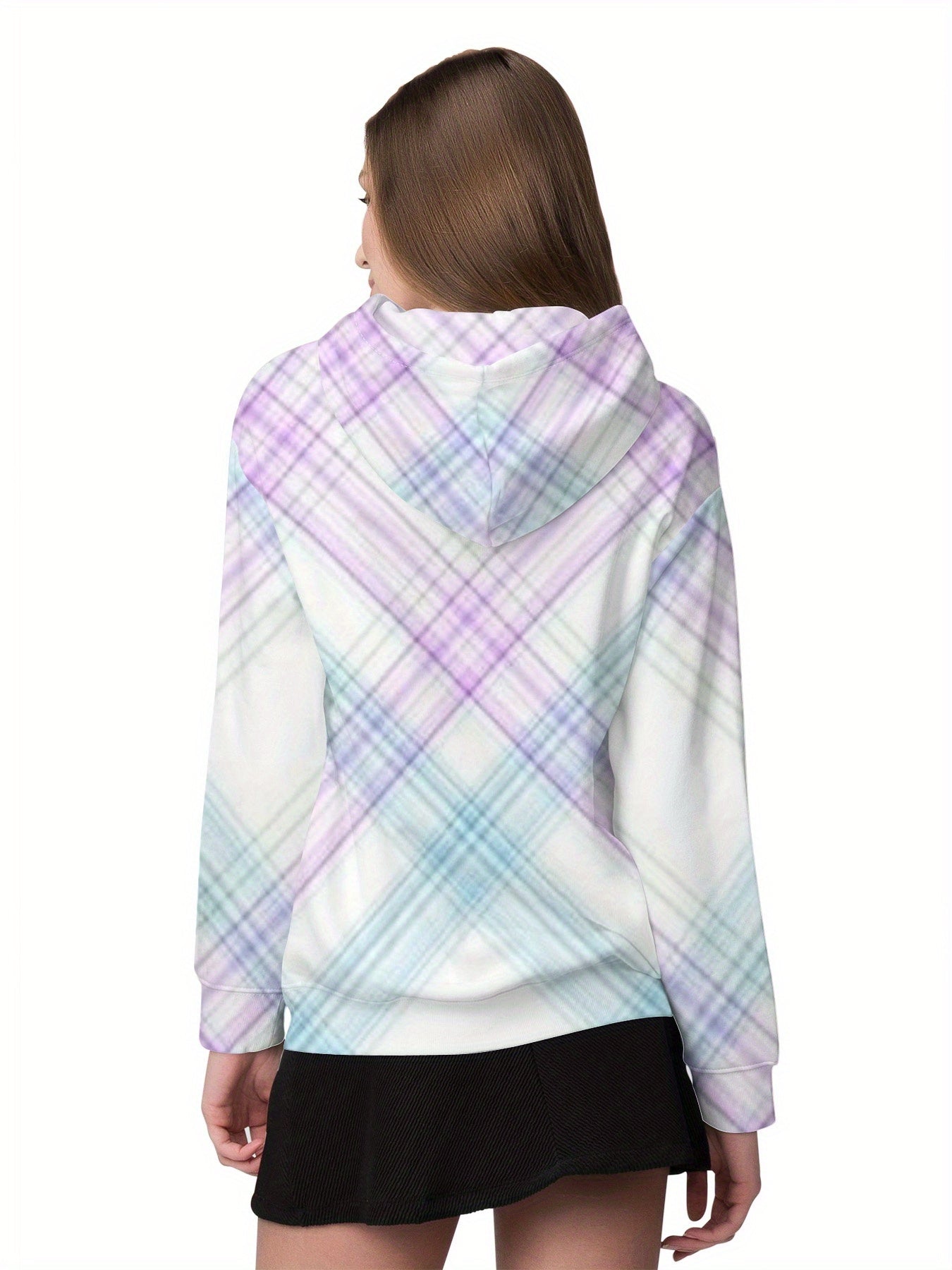 Women's Gradient Purple Blue Plaid Print Hooded Sweatshirt