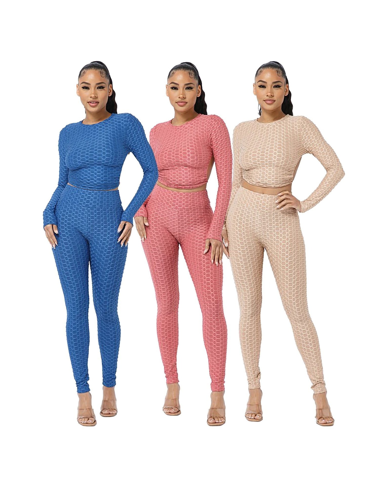 Women's 3-Pack  Open Tie Up Back Backless Jacquard Honeycomb Textured Long Sleeve Workout Set