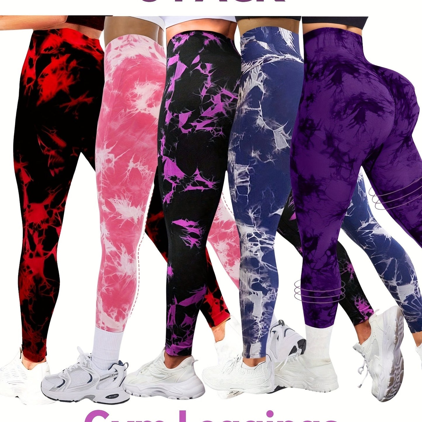 5pcs High-Waisted Tie-Dye Tummy Control, Yoga Leggings