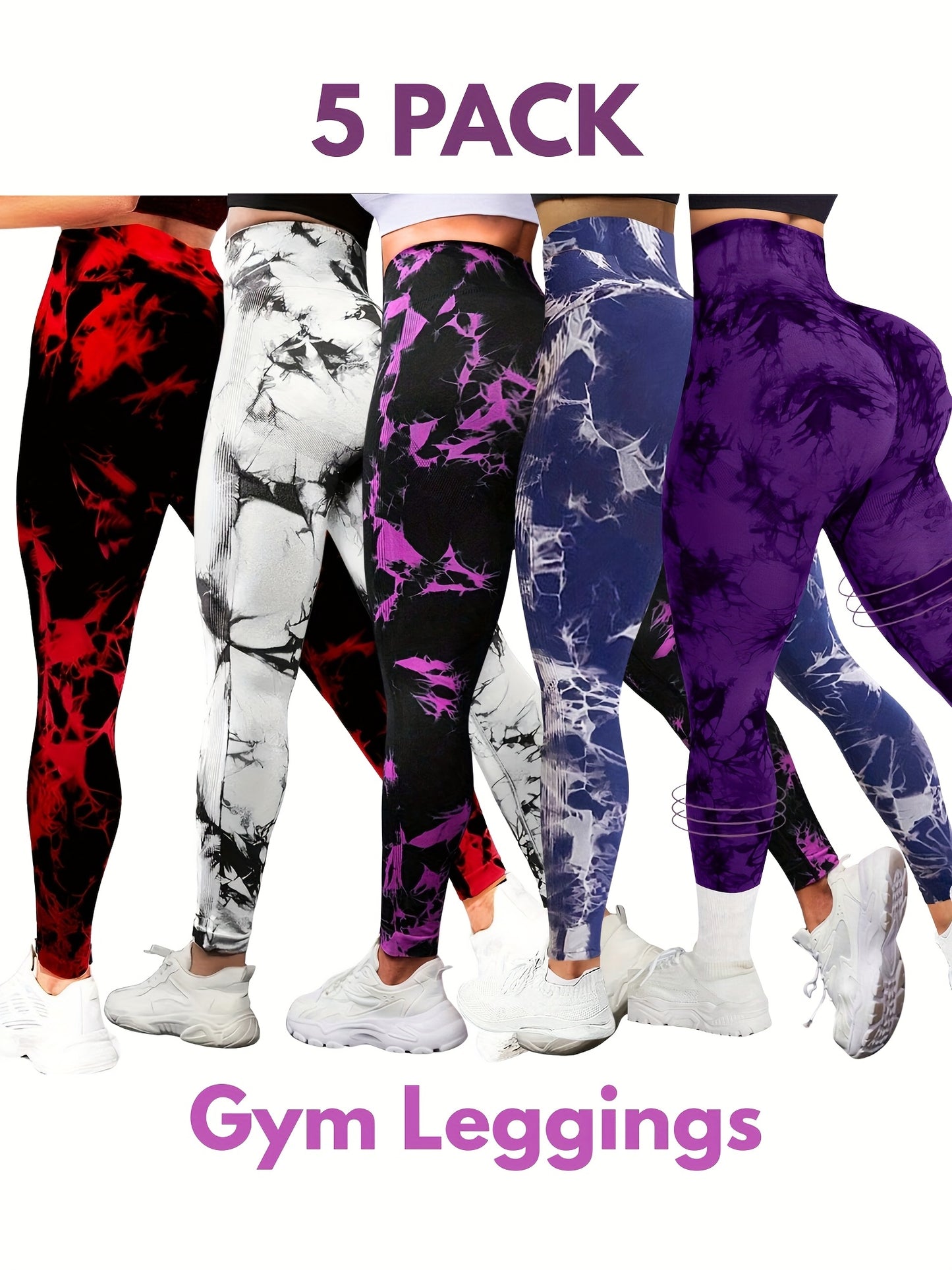 5pcs High-Waisted Tie-Dye Tummy Control, Yoga Leggings