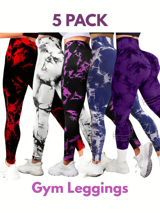 5pcs High-Waisted Tie-Dye Tummy Control, Yoga Leggings