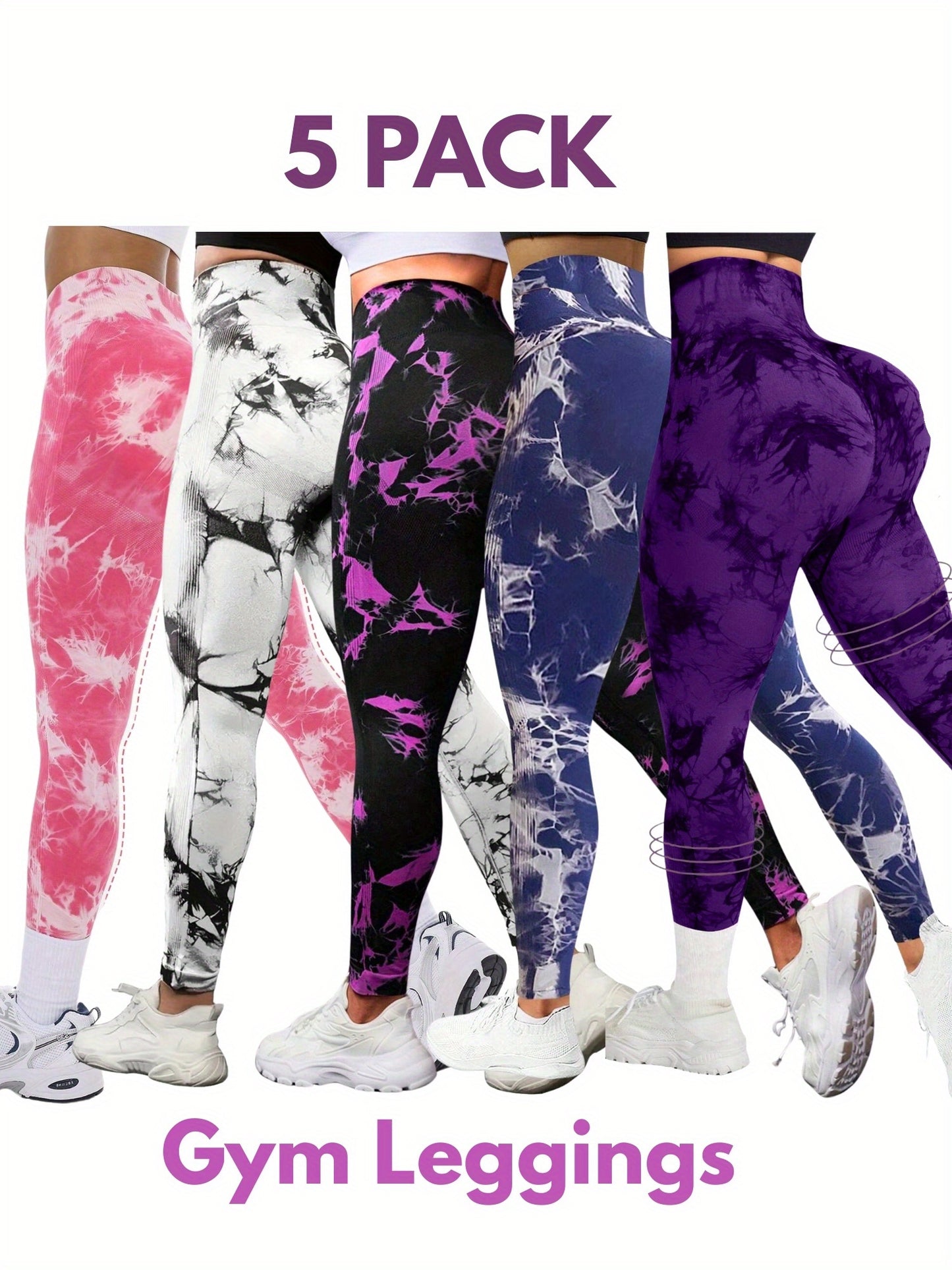 5pcs High-Waisted Tie-Dye Tummy Control, Yoga Leggings