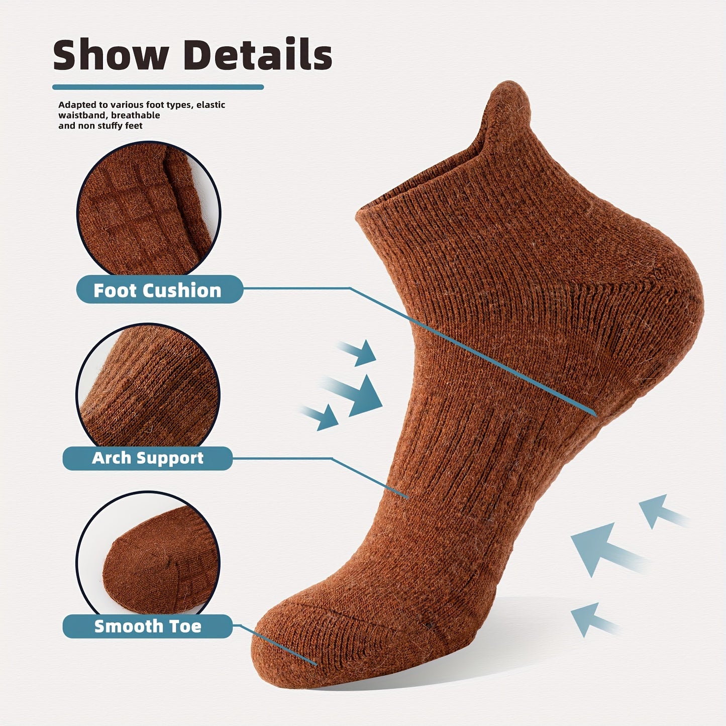 6 Pairs Of Unisex Anti Odor & Sweat Absorption Merino Wool Socks