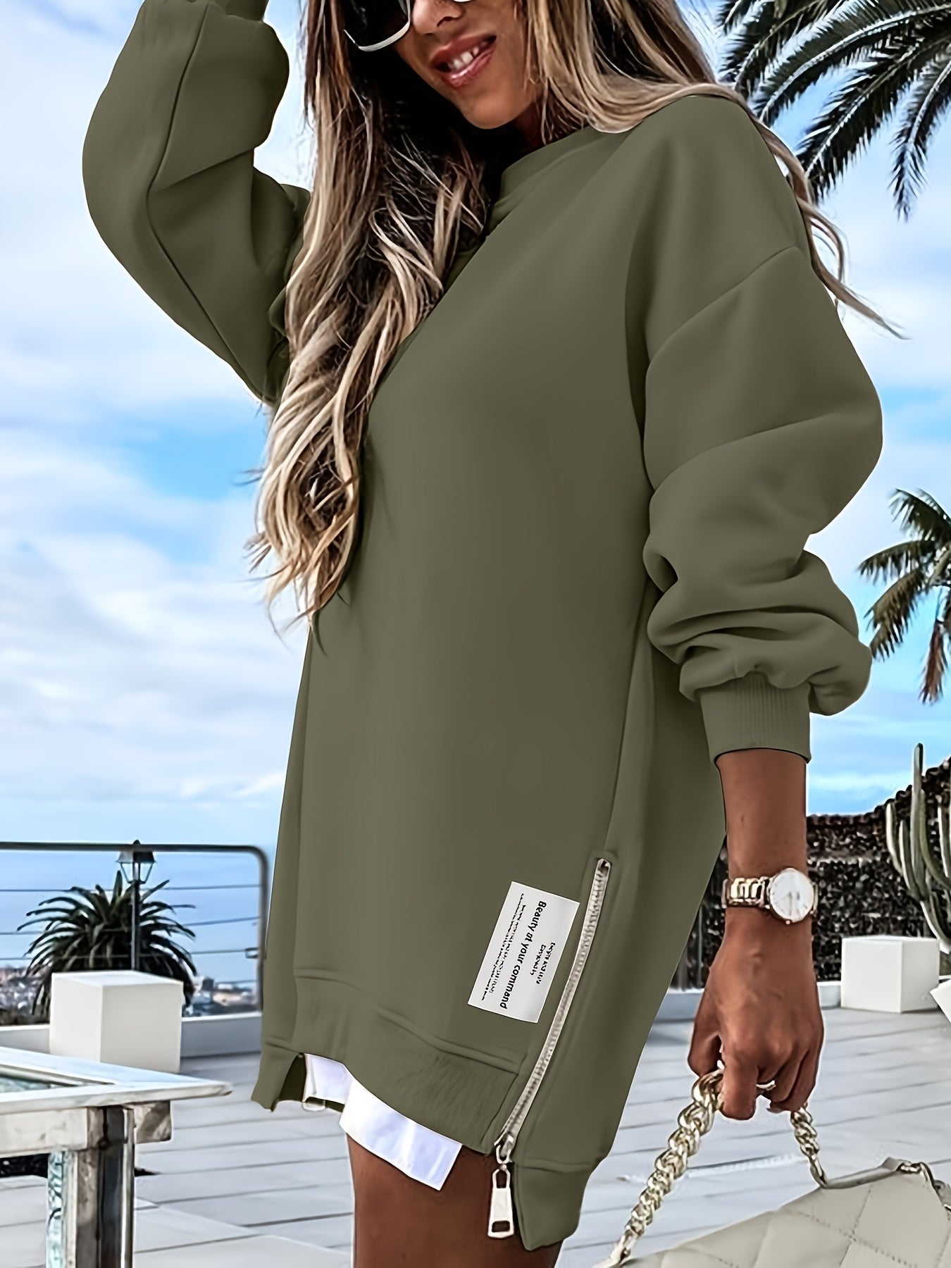 Zipper Embellished Crew Neck Sweatdress