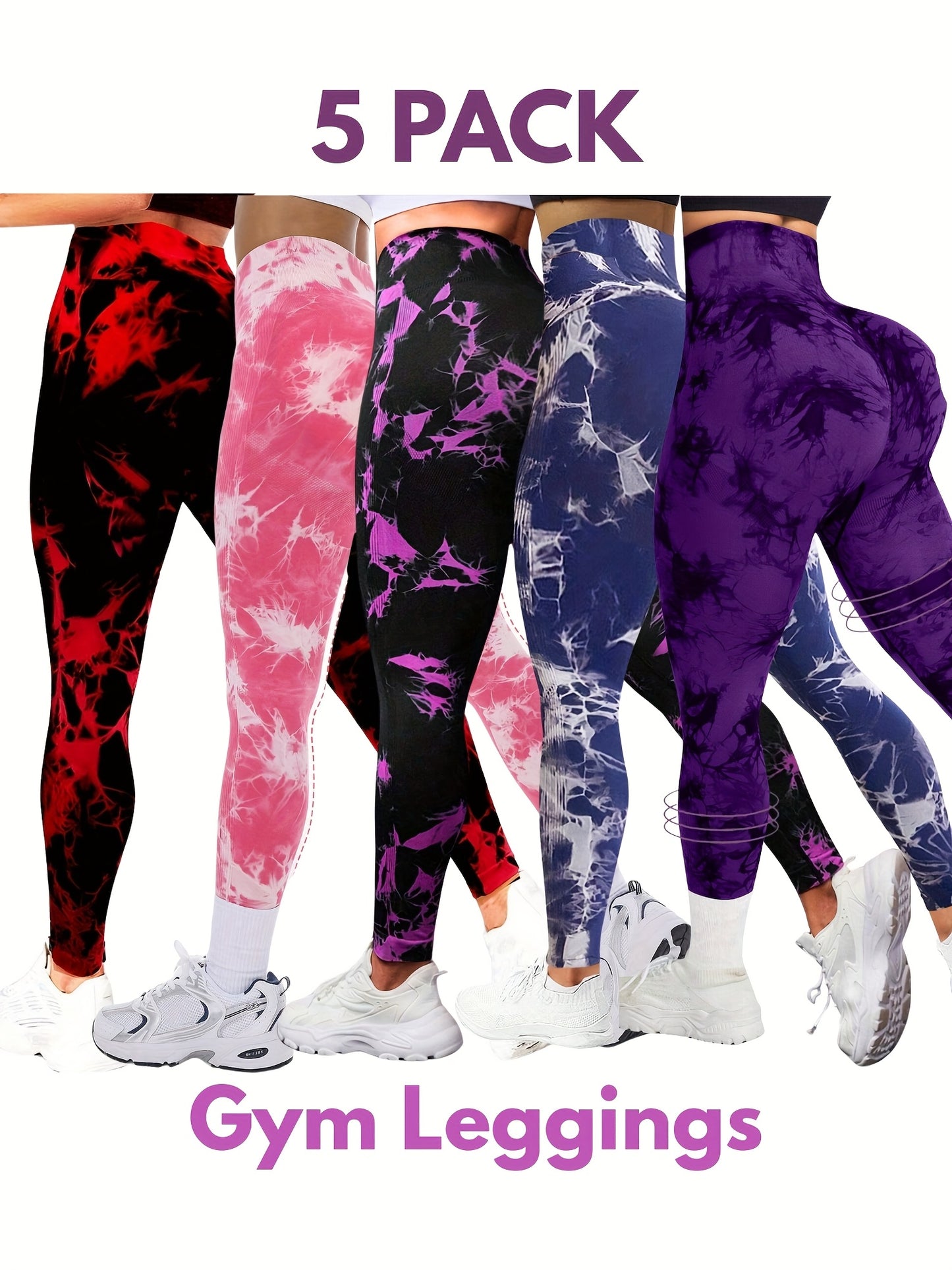 5pcs High-Waisted Tie-Dye Tummy Control, Yoga Leggings