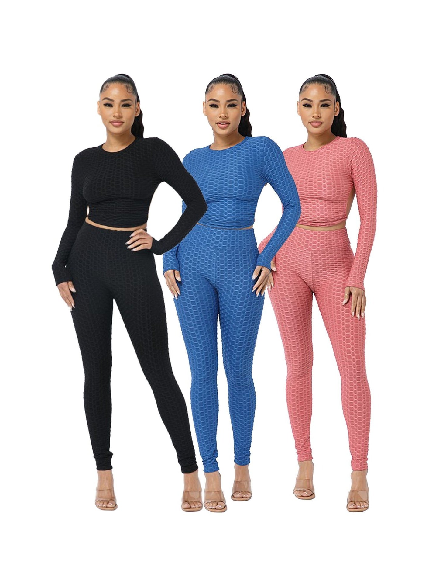 Women's 3-Pack  Open Tie Up Back Backless Jacquard Honeycomb Textured Long Sleeve Workout Set