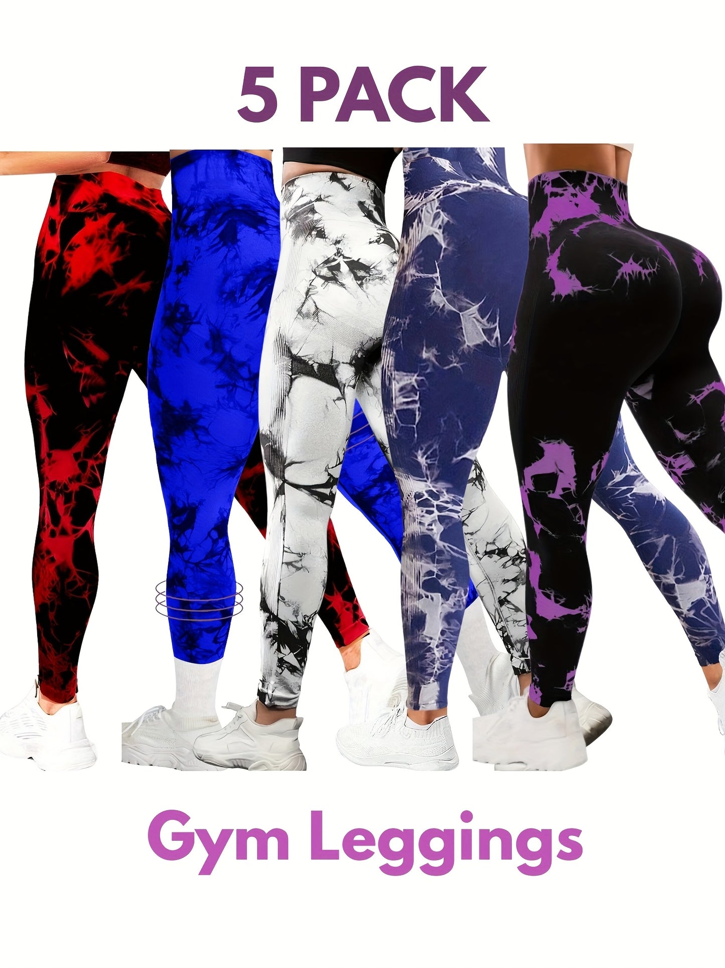 5pcs High-Waisted Tie-Dye Tummy Control, Yoga Leggings