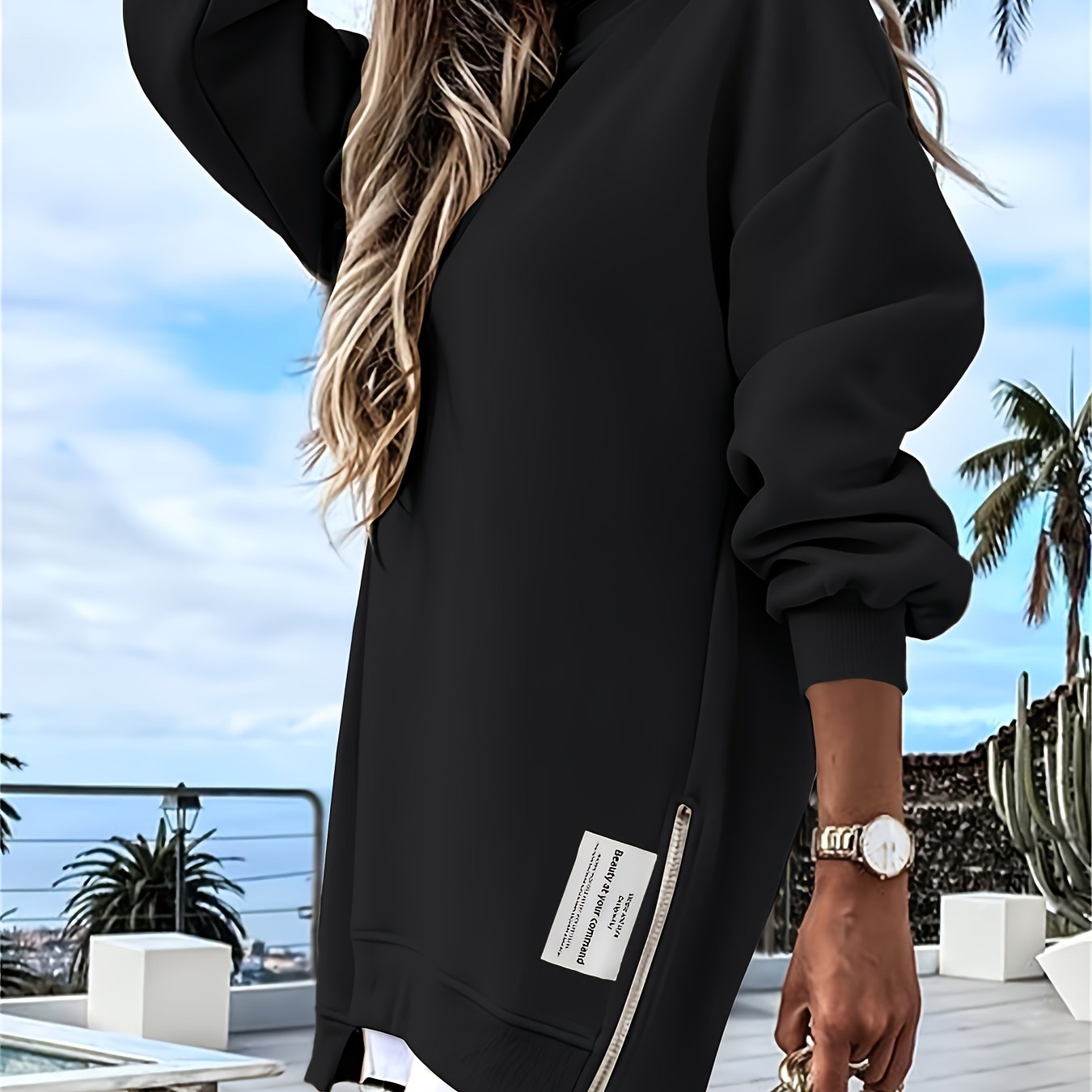 Zipper Embellished Crew Neck Sweatdress