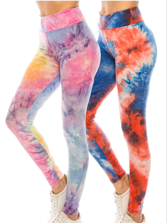 2 PACK Women's High Waist Stretched Soft Slim Tie Dye Leggings