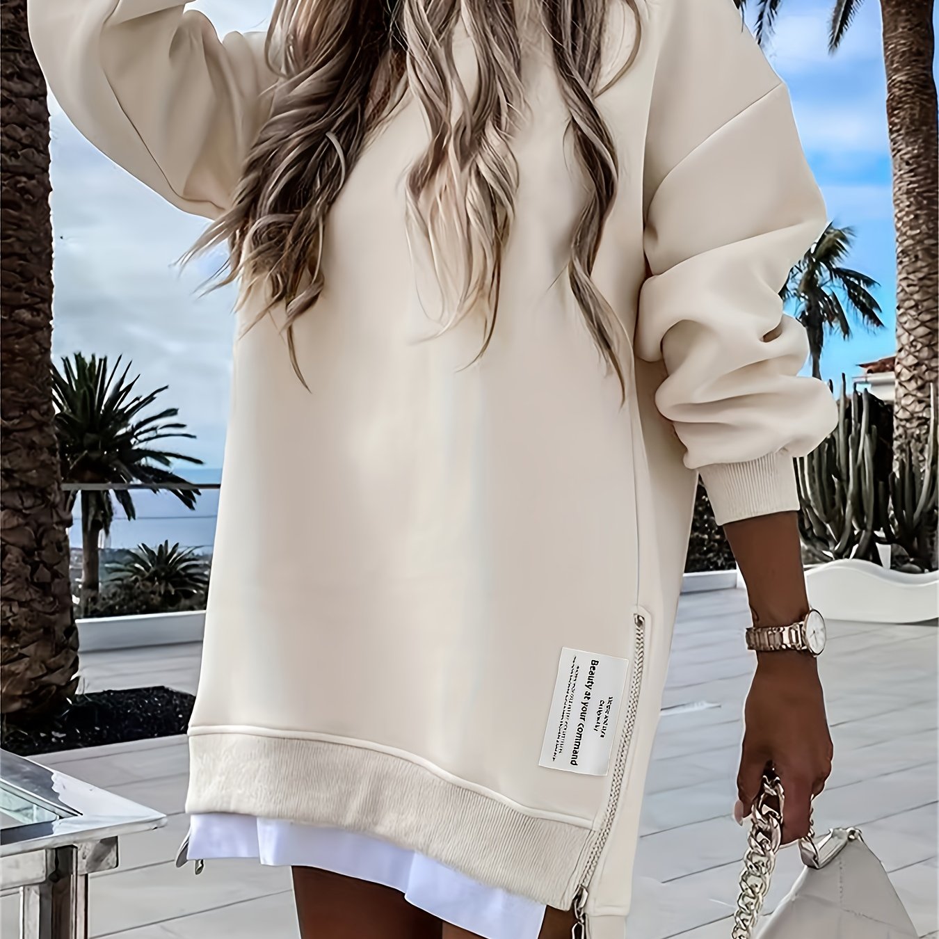 Zipper Embellished Crew Neck Sweatdress