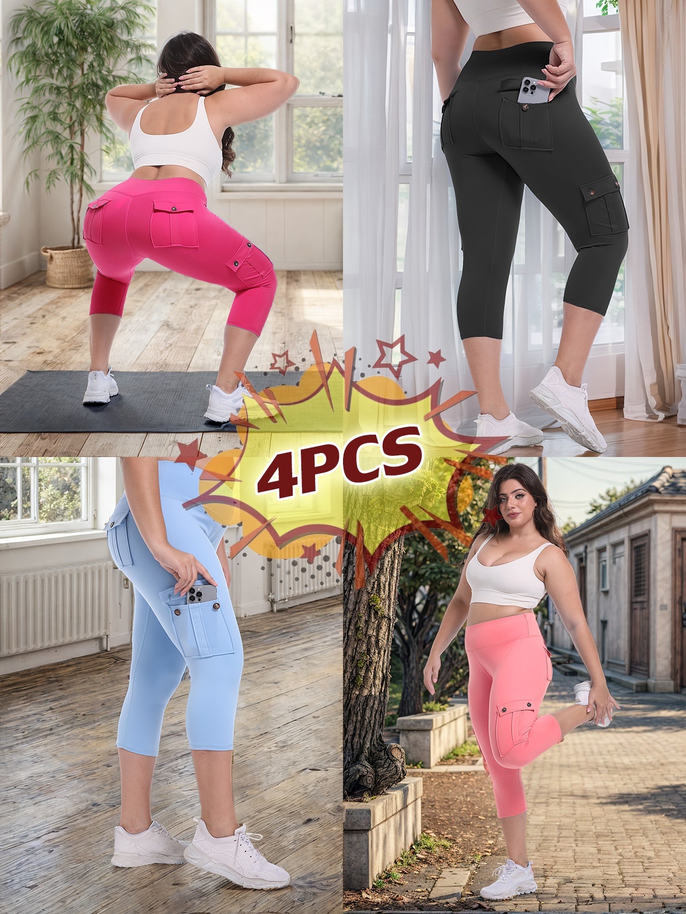 4pcs  High Waist Yoga Capri Pants