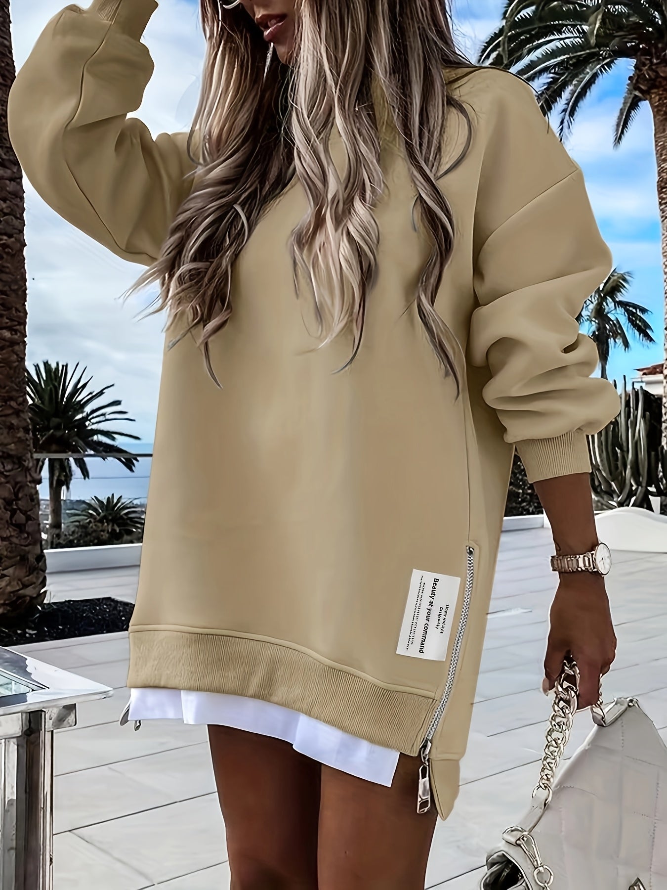 Zipper Embellished Crew Neck Sweatdress