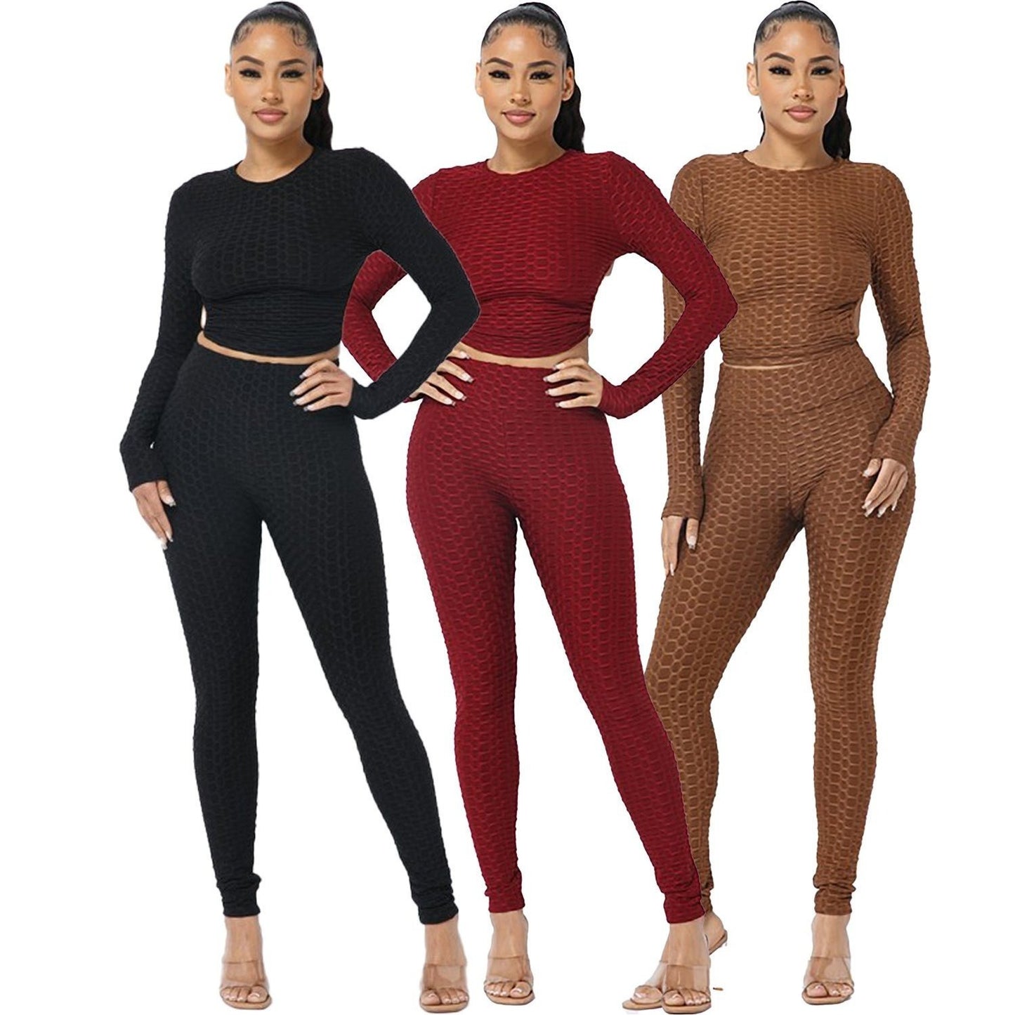 Women's 3-Pack  Open Tie Up Back Backless Jacquard Honeycomb Textured Long Sleeve Workout Set