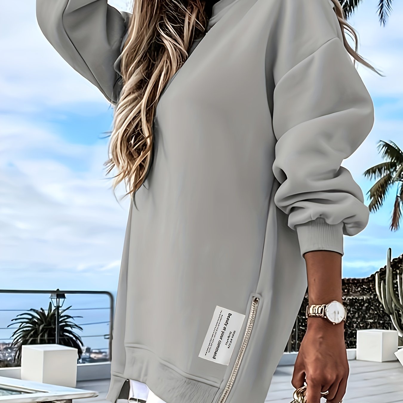 Zipper Embellished Crew Neck Sweatdress