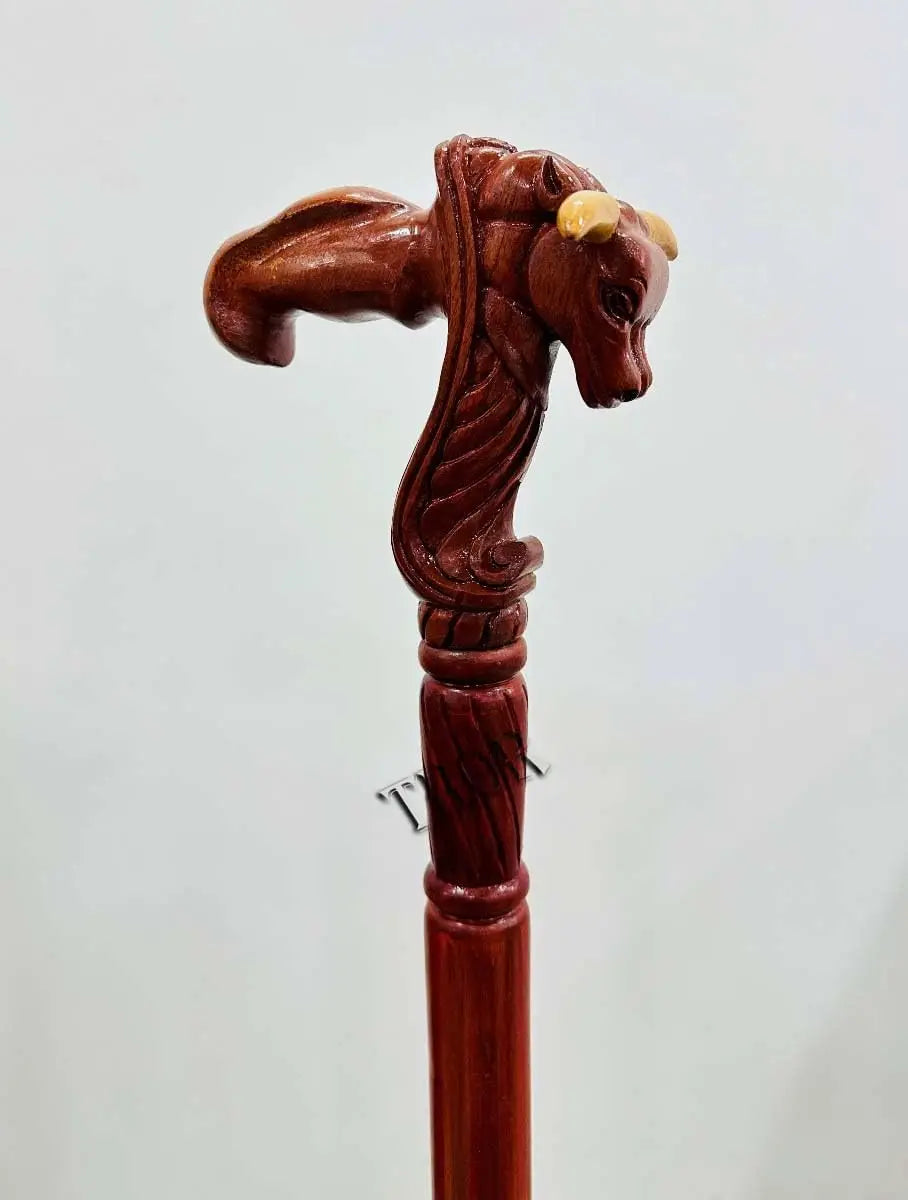 Bull Head Wood Carved Walking Stick Cane