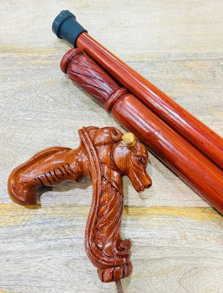 Bull Head Wood Carved Walking Stick Cane