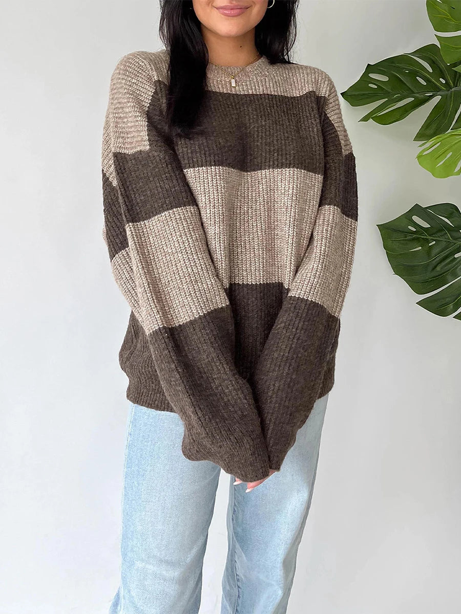 Stylish Women s Oversized Sweater with Ribbed Crew Neck