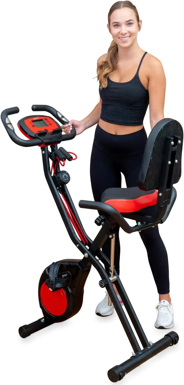 3-In-1 Folding Stationary Exercise Bike with Arm Workout Bands,