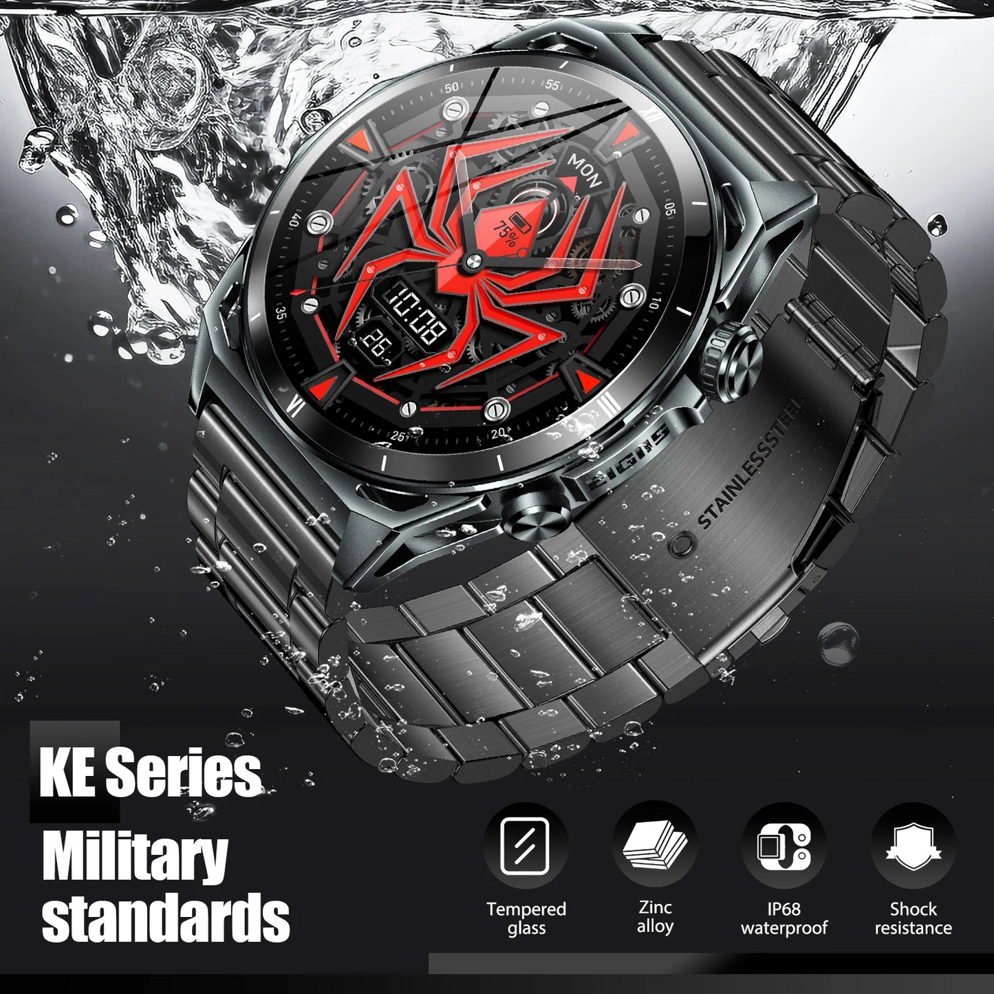 Men Black Sports Watch KE Series Bluetooth Call Health Monitor IP68 Waterproof