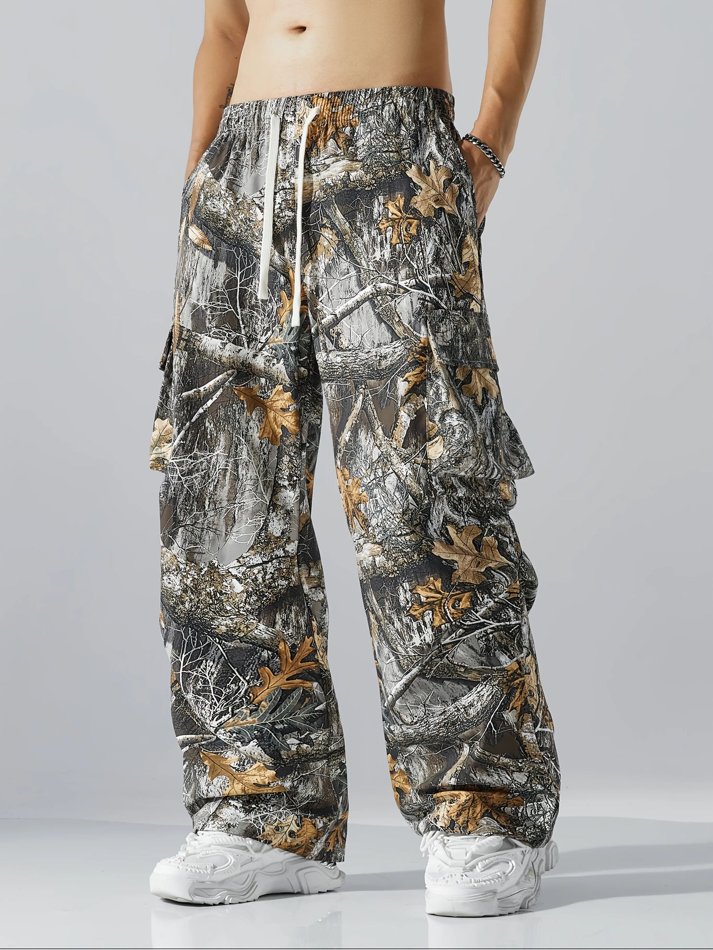 Men's Three-color  Camouflage Leaf Pattern Sport Belt Side Pocket Casual Sport Pants