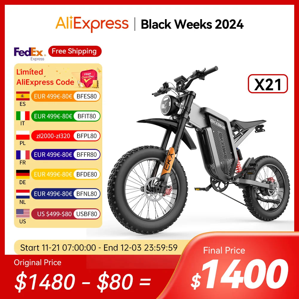 EKX X21 Adults Electric Bike 2000W  Samsung Battery  20“*4.0 Off Road Tyre Mountain Ebike