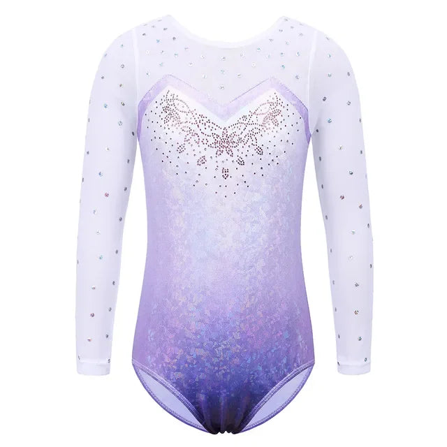 Girls Long Sleeve Mesh Patchwork Leotards