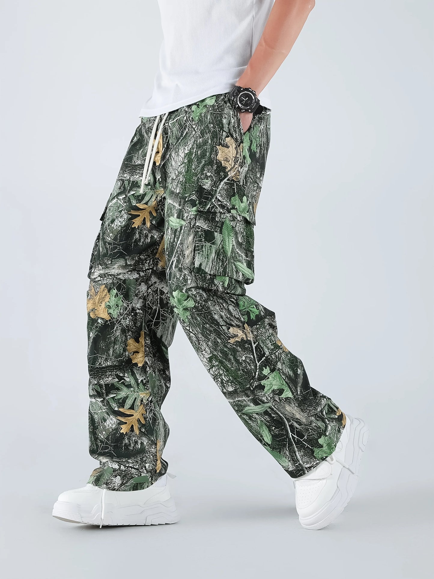 Men's Three-color  Camouflage Leaf Pattern Sport Belt Side Pocket Casual Sport Pants
