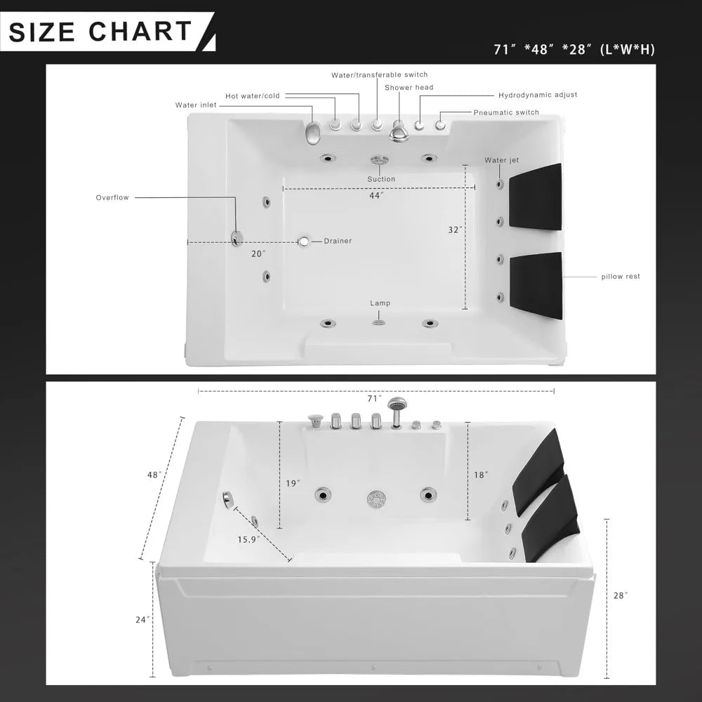 Whirlpool Tub,72" x 48" Jetted Bathtub