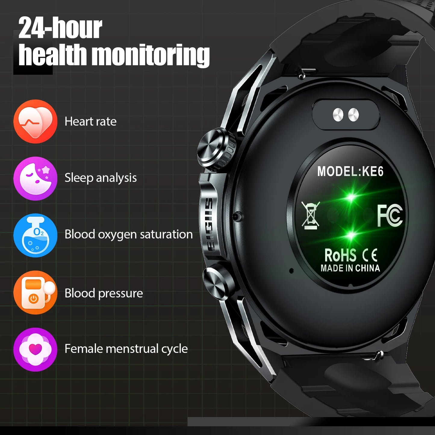 Men Black Sports Watch KE Series Bluetooth Call Health Monitor IP68 Waterproof