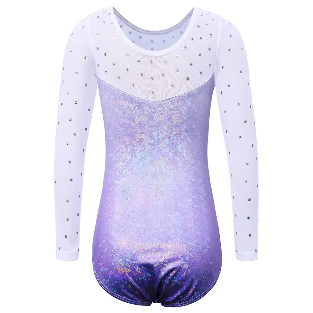 Girls Long Sleeve Mesh Patchwork Leotards