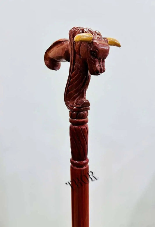 Bull Head Wood Carved Walking Stick Cane