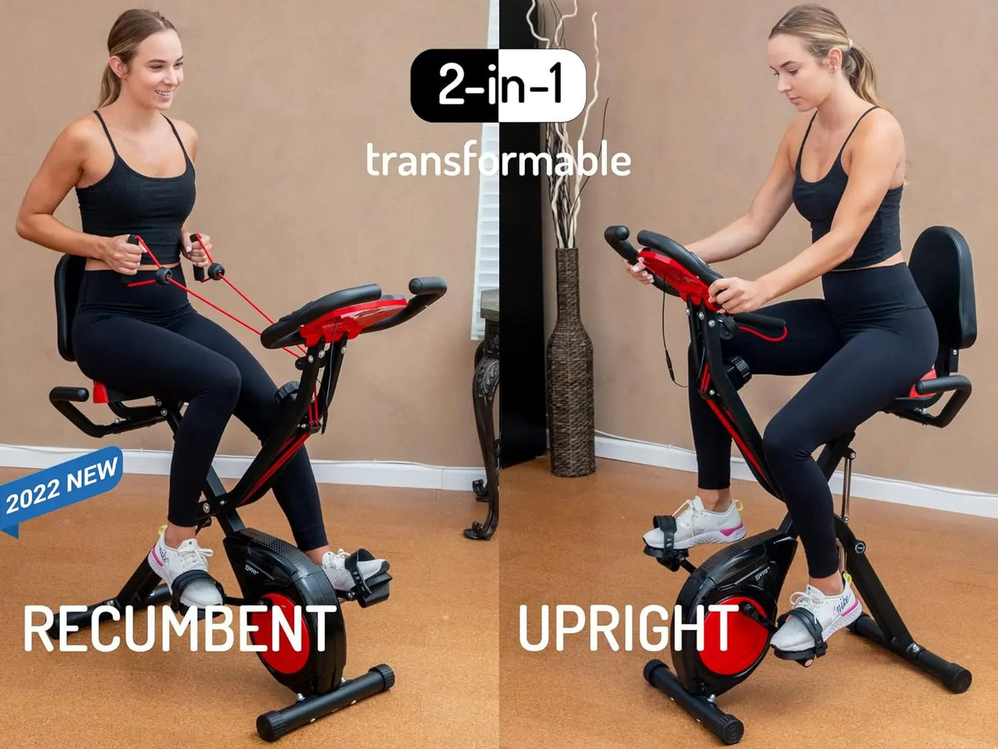 3-In-1 Folding Stationary Exercise Bike with Arm Workout Bands,