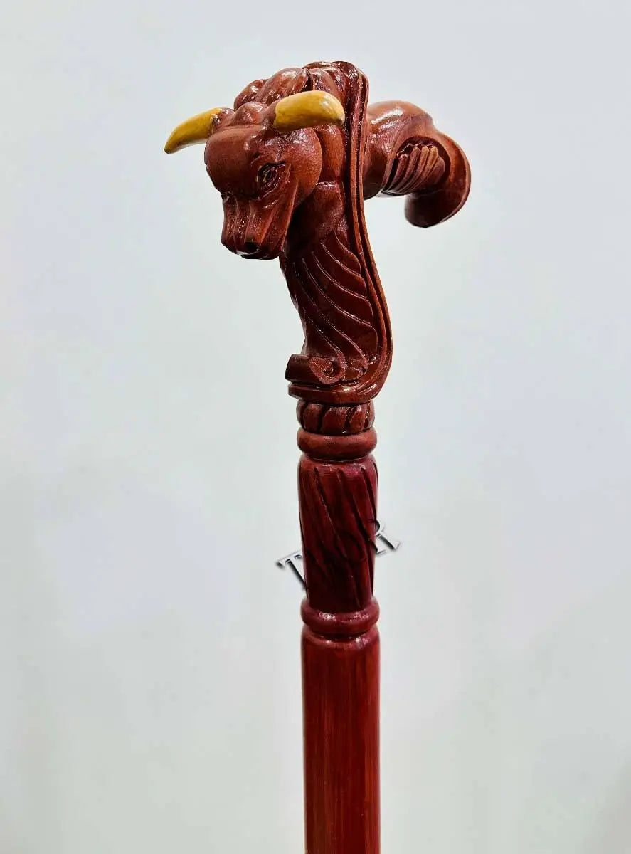 Bull Head Wood Carved Walking Stick Cane