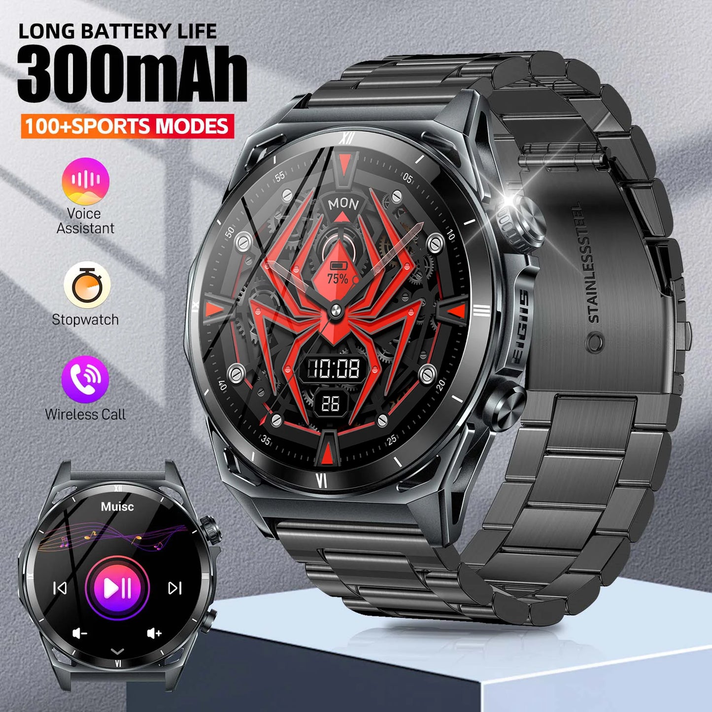 Men Black Sports Watch KE Series Bluetooth Call Health Monitor IP68 Waterproof