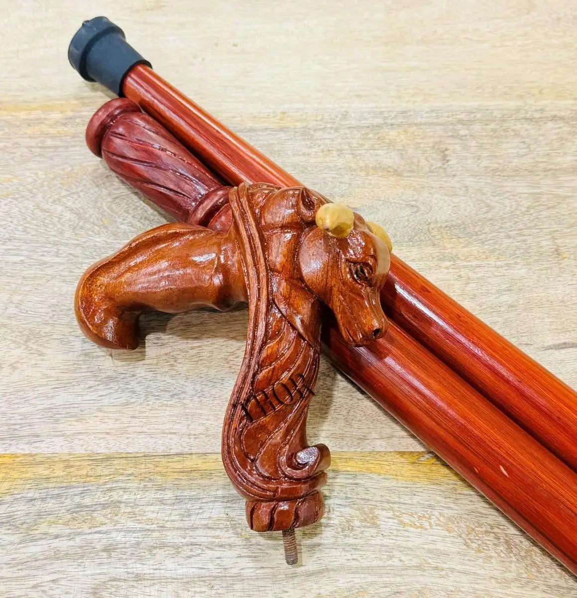 Bull Head Wood Carved Walking Stick Cane