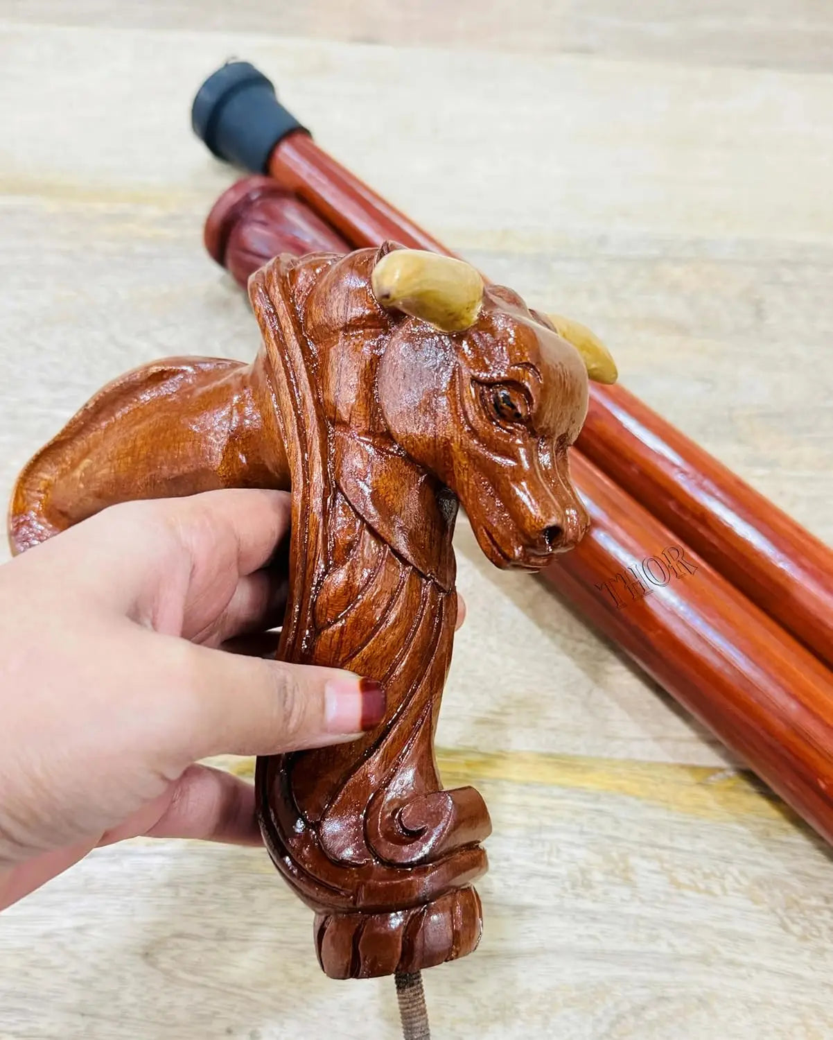 Bull Head Wood Carved Walking Stick Cane