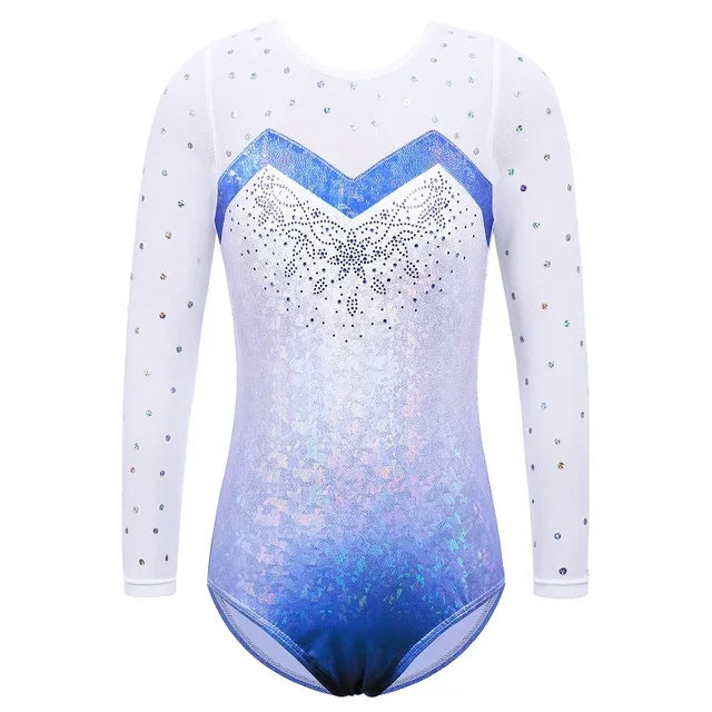 Girls Long Sleeve Mesh Patchwork Leotards